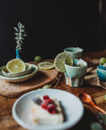 Arrangement of ceramic utensil on wood table