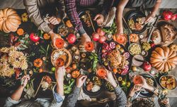 Group of people toasting with wine at festive table setting with roast chicken, squash, and pie
