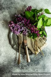 Top view of spring table setting with lilacs on rustic napkin 4AzgKN