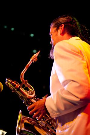 Los Angeles, CA, USA - July 12, 2012: Man with tenor saxophone onstage