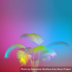 Exotic plant in bold rainbow colors against gradient blue and purple background 0Vzyj0