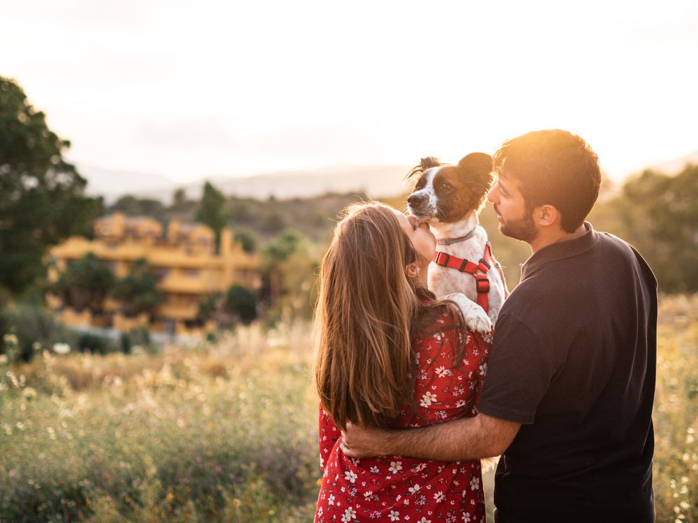 Happy couple with friendly cute dog outdoors