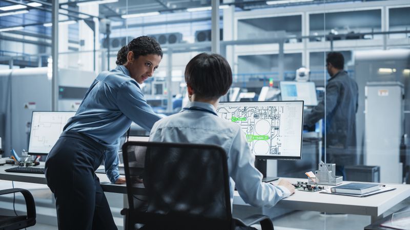 Hispanic Female Manager And Asian Male Engineer Using Desktop Computer With Microchip Blueprints at Automated Factory With Robotic Arms.
