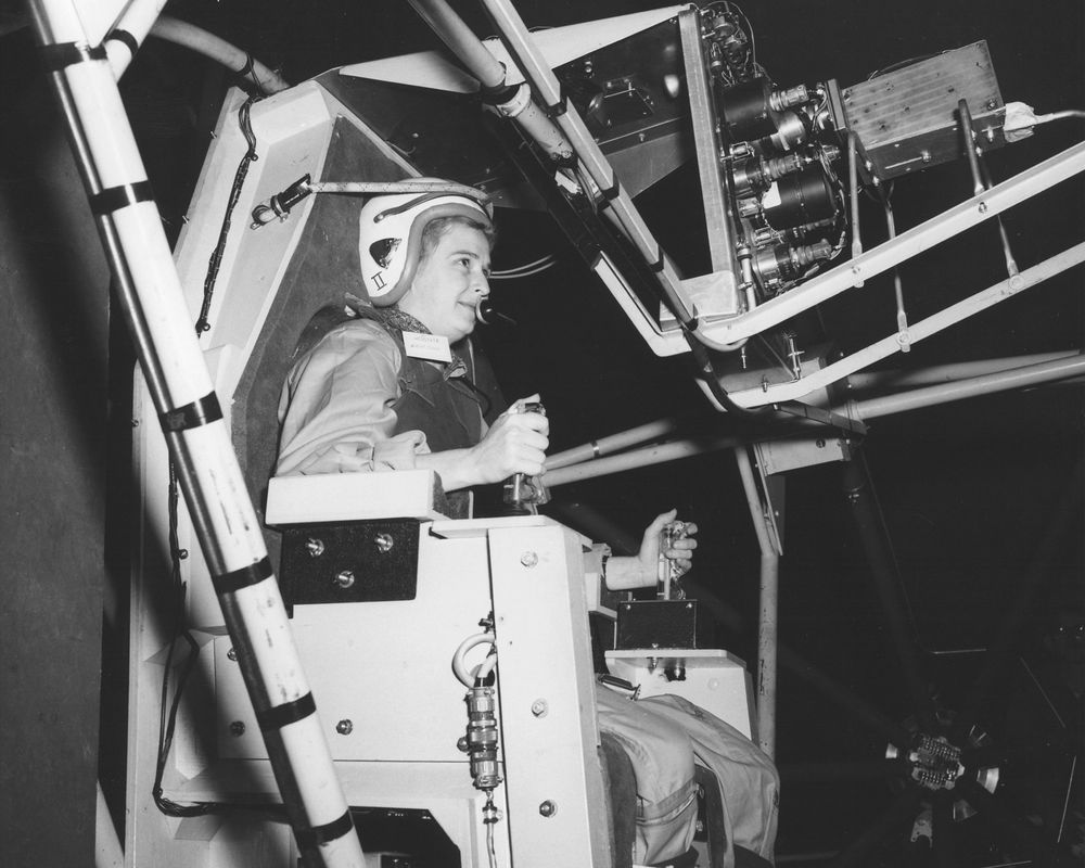 Jerrie Cobb, female pilot, testing gimbal rig in AWT description