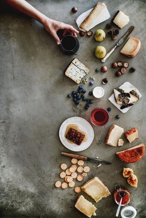 Wine snack variety, top view, copy space