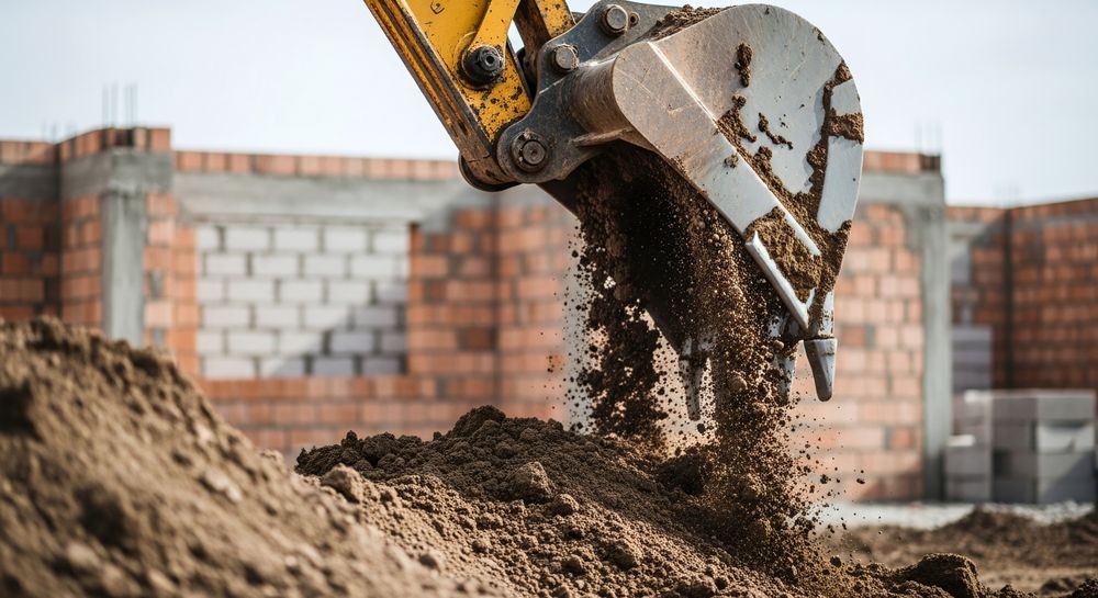 Dynamic excavator unloading soil at construction site creates a powerful visual for infrastructure, development, and progress concepts