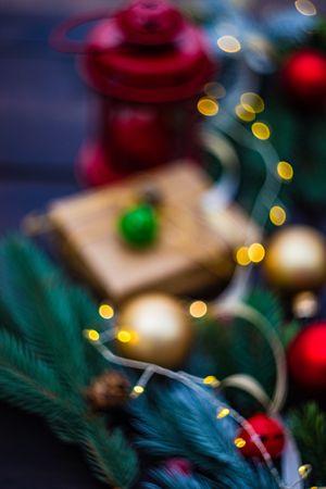 Blurry image of Christmas gift and lights