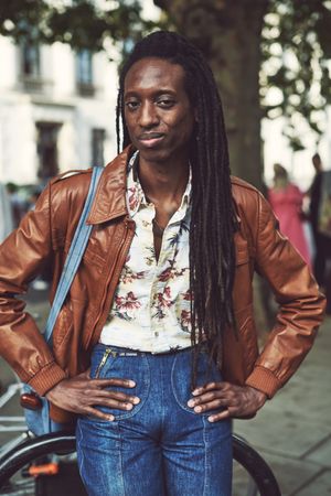 London, England, United Kingdom - September 18 2021: Person with dreads in leather jackets