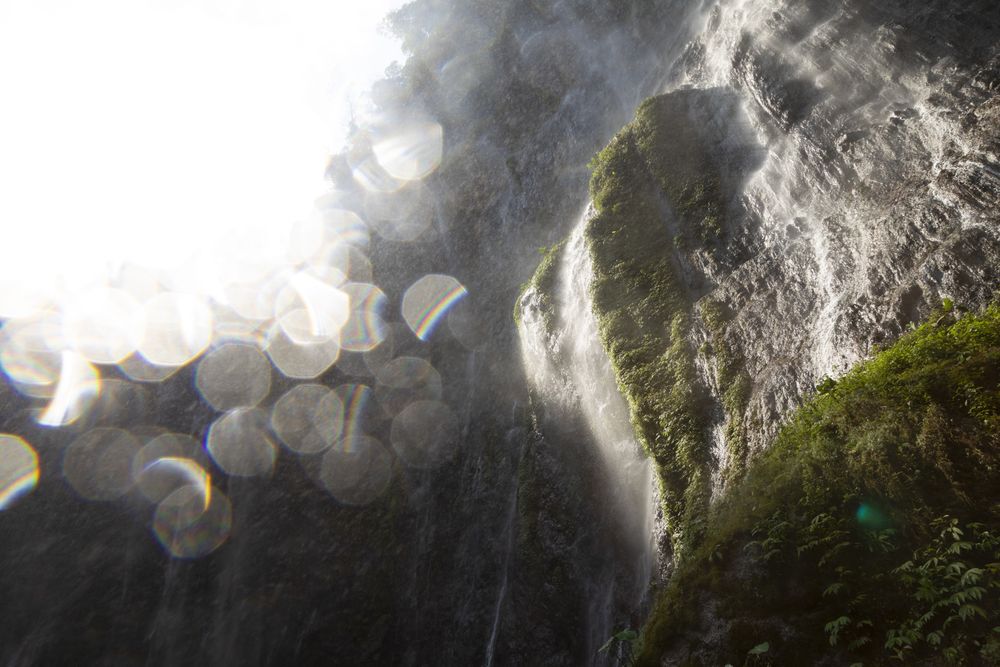 Low angle of Tumpak Sewu waterfalls and droplets, East Java, Indonesia