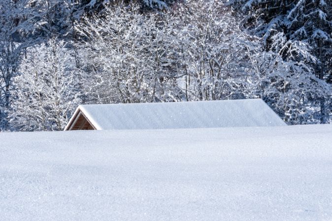 Snowy scenery in the Bavarian Alps with log cabin rooftop snow-covered