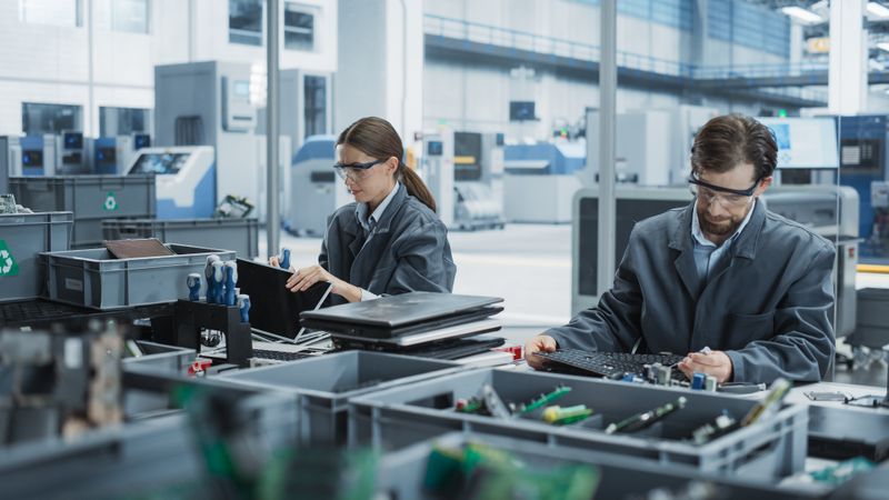 Male And Female Employees Taking Apart Old Laptops To Recycle Electronic Components For Sustainable Devices Production At Electronics Factory.