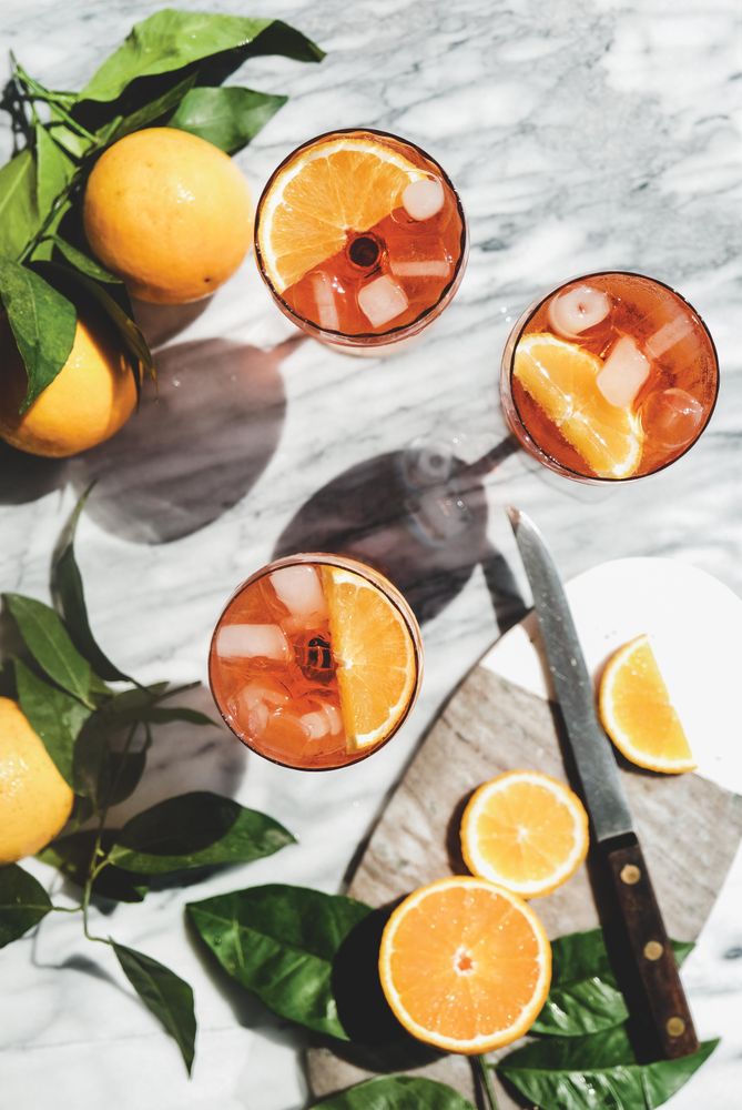 Aperol Spritz aperitif alcohol drink in glasses, top view