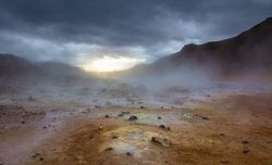 Steam over rough ground in cloudy morning