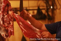 Man with knife cutting a slice of raw meat 4jkoJb