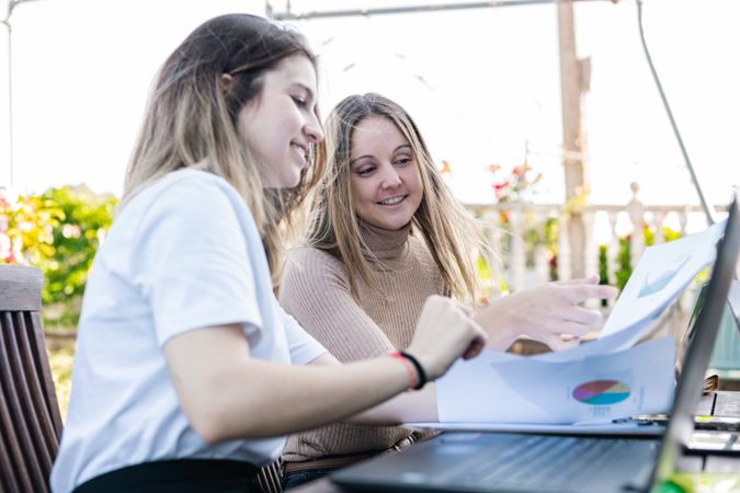 Female coworkers reviewing accounts and graphs making forecast for the next year of the company