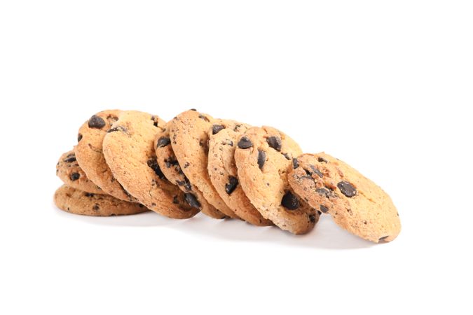 Tasty chocolate chip cookies isolated on plain background. Sweet biscuits