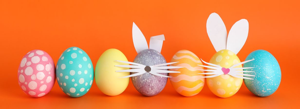 Decorated Easter eggs and cute bunny's ears on color background
