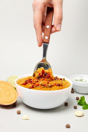 Concept of tasty food, sweet potato puree