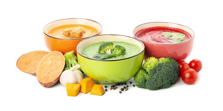 Three vegetable soups and ingredients