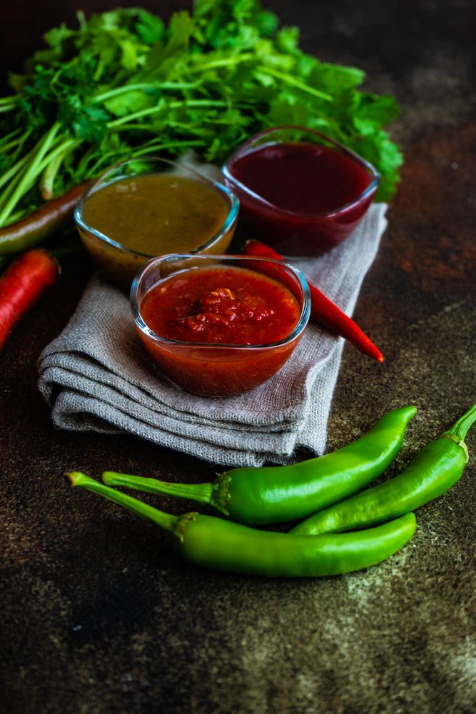 Traditional Georgian sauces tomato satsebeli, yellow and red tkemali with ingredients on stone background