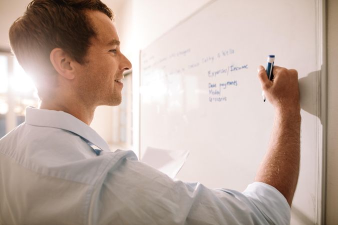 Smiling male writing on white board while working remotely