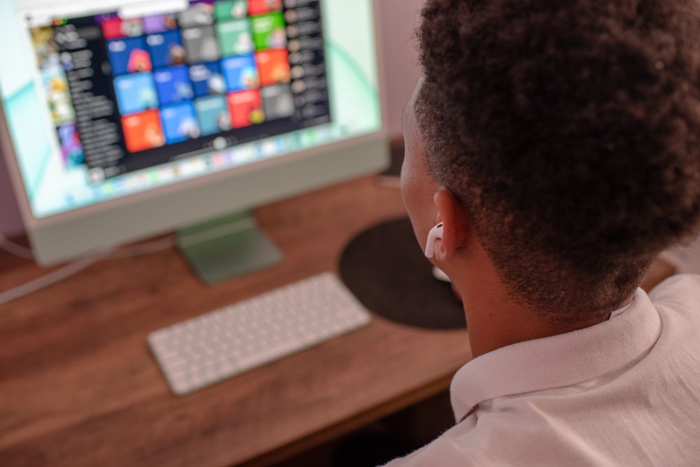 Back view of teenage boy using computer