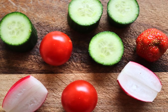 Close view on a healthy german breakfast with sandwiches, tomatoes and cucumbers