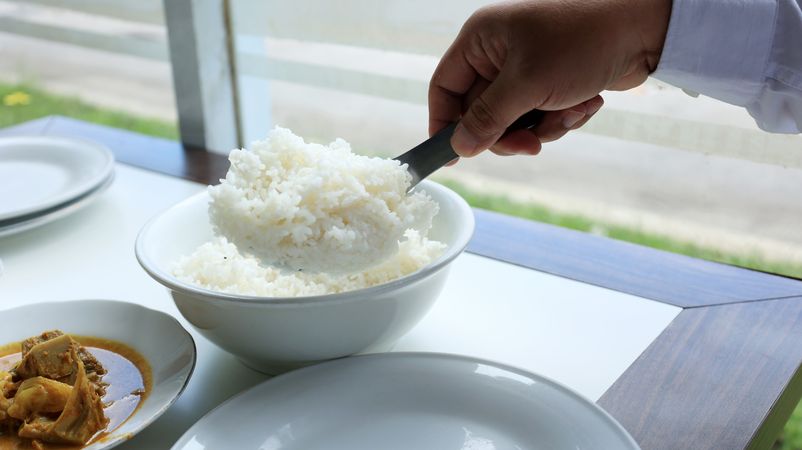 Take A Portion of Rice to the Plate, Scooping Steamed Rice