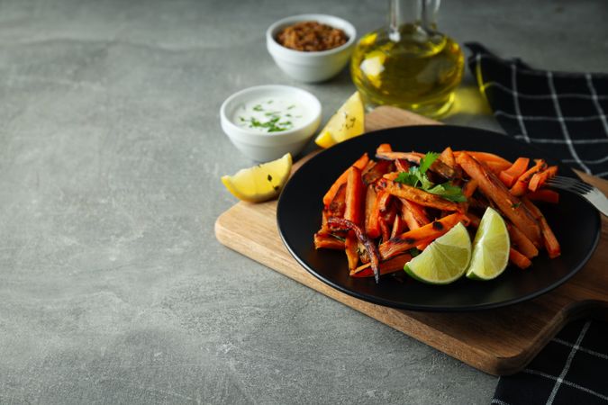 Concept of tasty food, fried sweet potato, space for text