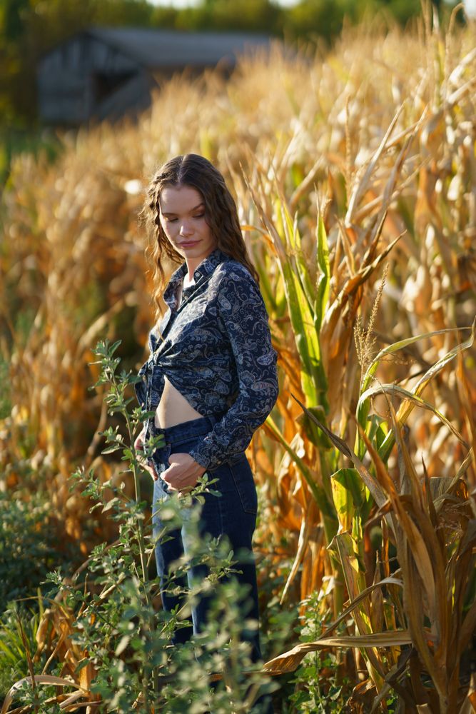 A Young Woman Dressed in a Cropped Top Standing Gracefully Amidst a Lush Golden Cornfield