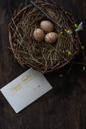 Bird's nest on wooden table with card
