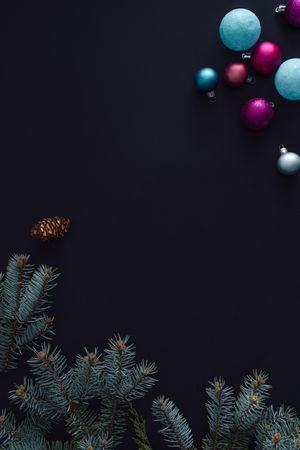 Branches and festive baubles bordering dark background