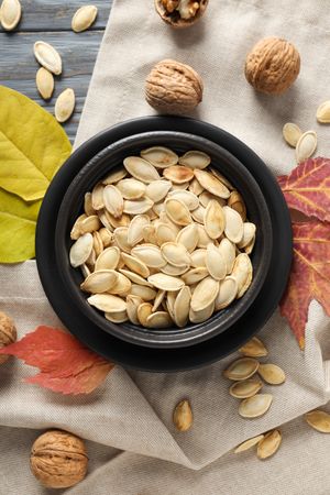 Fall season food - pumpkin seeds, top view