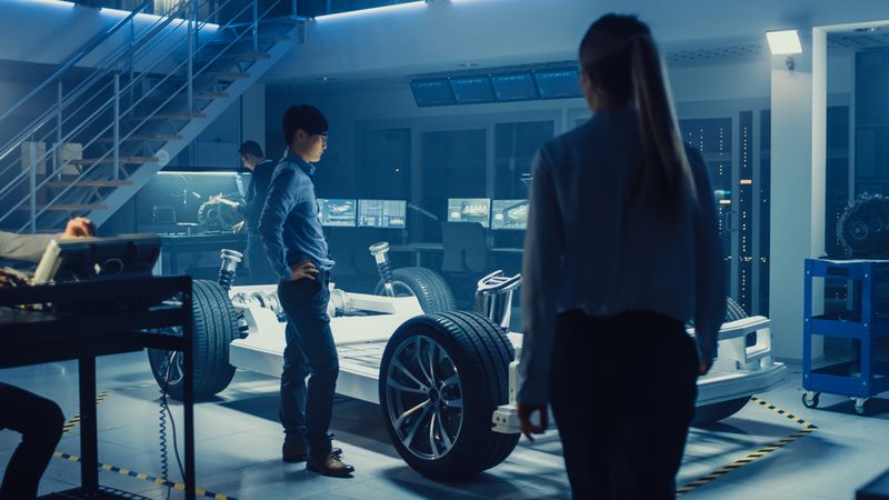 Development Laboratory Room with Diverse Professional Team of Engineers and Scientists Working on a Electric Car Chassis with Wheels, Batteries, Engine and Suspension.
