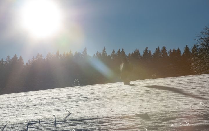 Man walking through deep snow in mountains, Germany