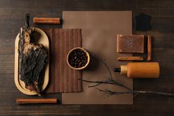 Flat lay of creative moodboard composition, top view