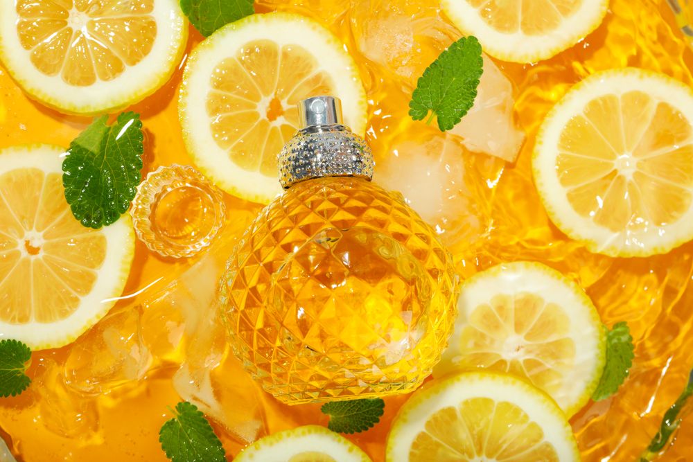 Lemon slices floating in water with mint slices, ice and ornate crystal bottle