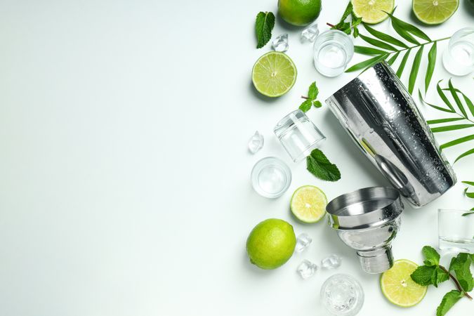 Concept of preparing cocktail, shaker, space for text