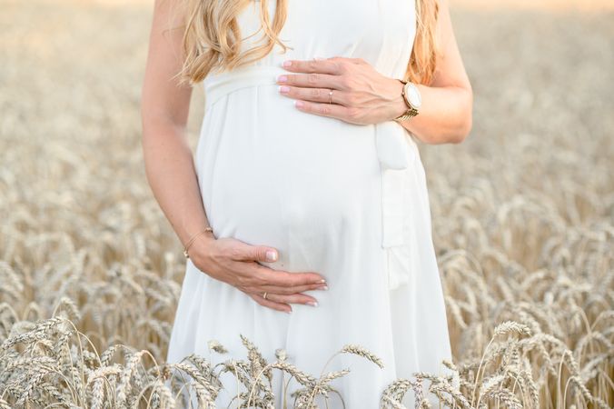 Unrecognizable pregnant woman standing amidst dry wheat