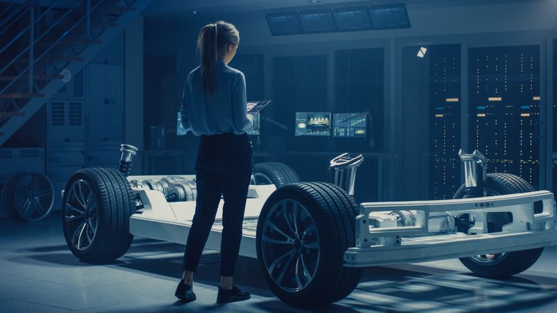 Automobile Female Engineer Working on Electric Car Chassis Prototype