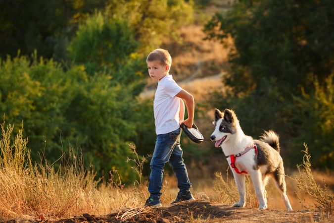 Cute young boy in jeans with dog on a leash in forest