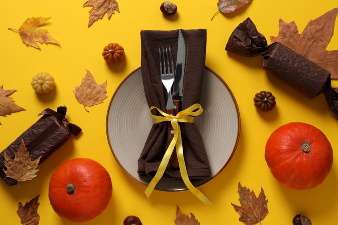 Concept of Thanksgiving day, Autumn table setting, top view