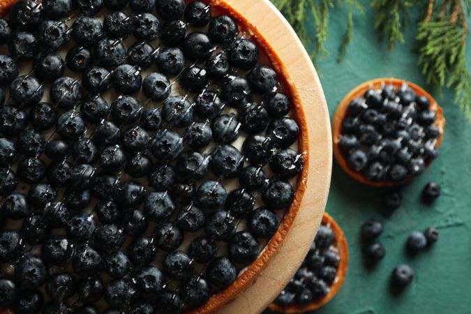 Concept of tasty lunch with blueberry pie on green background