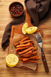 Concept of tasty food, fried sweet potato, top view