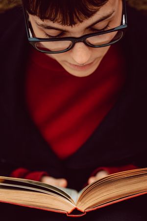 Young woman reading book on bench in park