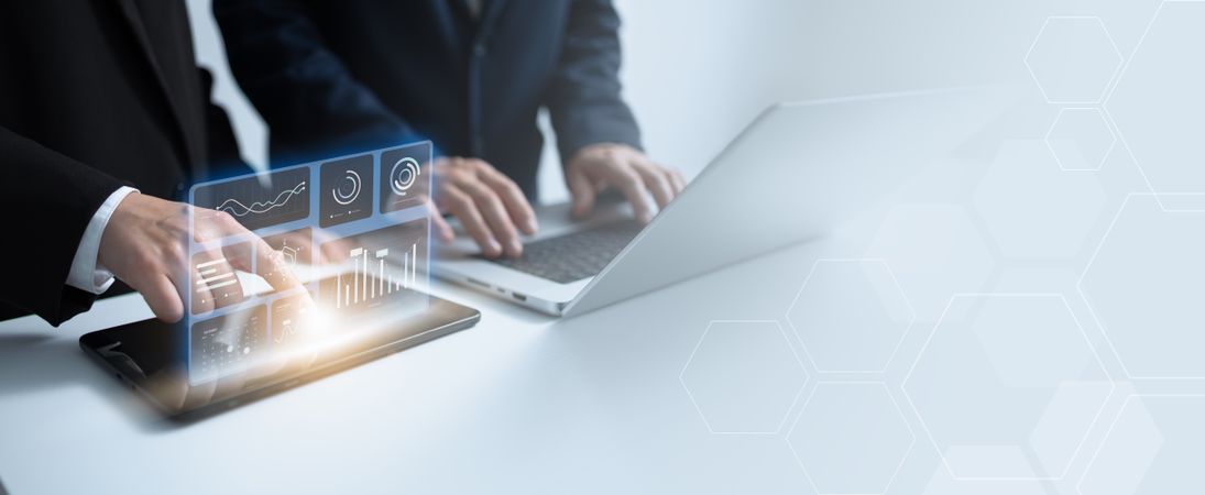 Real-time financial analysis on tablet banner