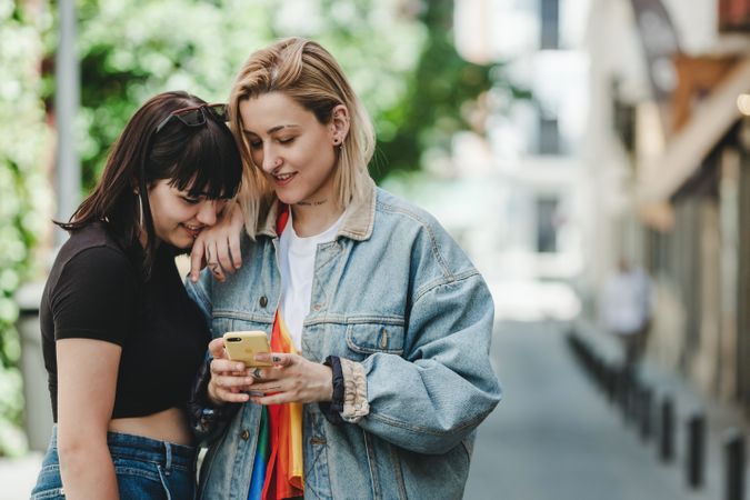Lesbian couple on the mobile phone on street