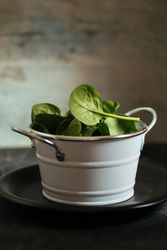 Fresh spinach on a rustic metal crockery bowl