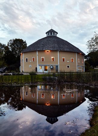 A onetime fancy round barn, now a hostel, the Inn at the Round Barn, near Waitsfield, Vermont