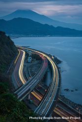 Aerial view of highway at the coasts of Japan at sunset 49pLv5